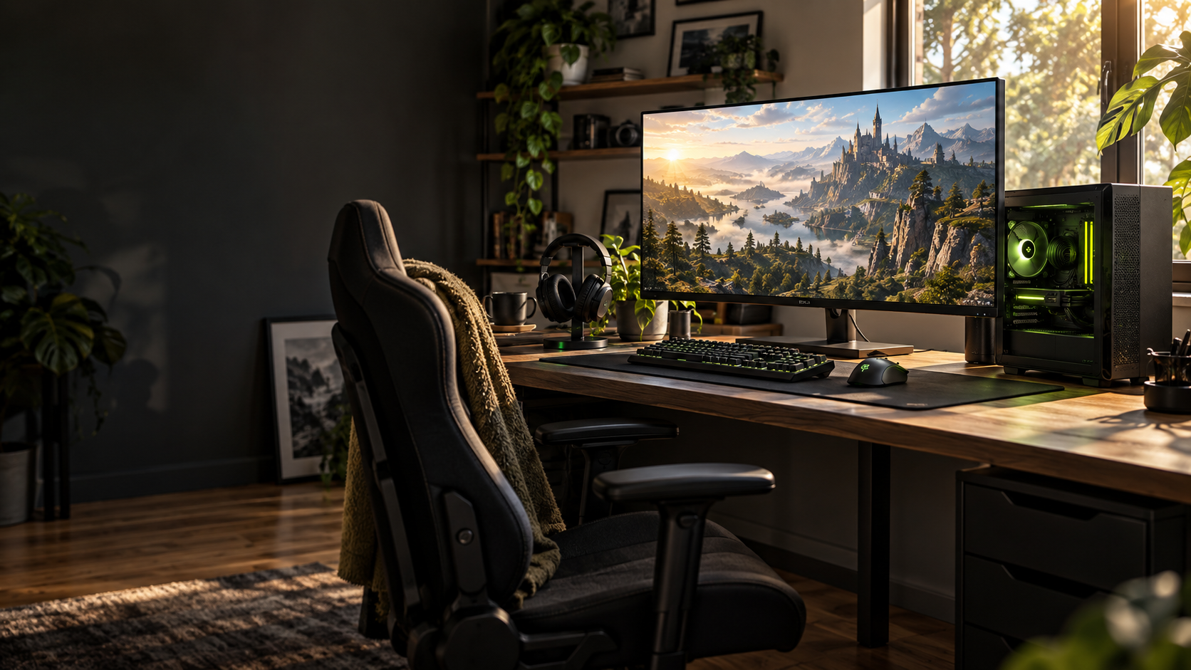 A carefully built gaming desk with a monitor, PC tower, keyboard and headset